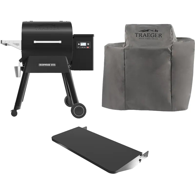 Traeger Ironwood 650 Wi-Fi Controlled Wood Pellet Grill W/ WiFIRE, Pellet Sensor, Front Shelf & Grill Cover - TFB65BLF + BAC362 + BAC505