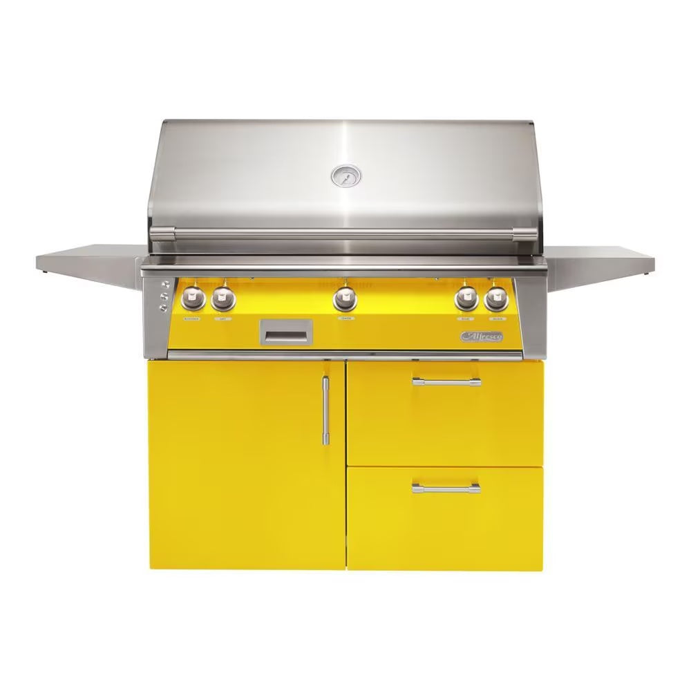 Alfresco ALXE 42-Inch Freestanding Natural Gas Grill on Deluxe Cart with Rotisserie in Traffic Yellow - ALXE-42CD-NG-S1023