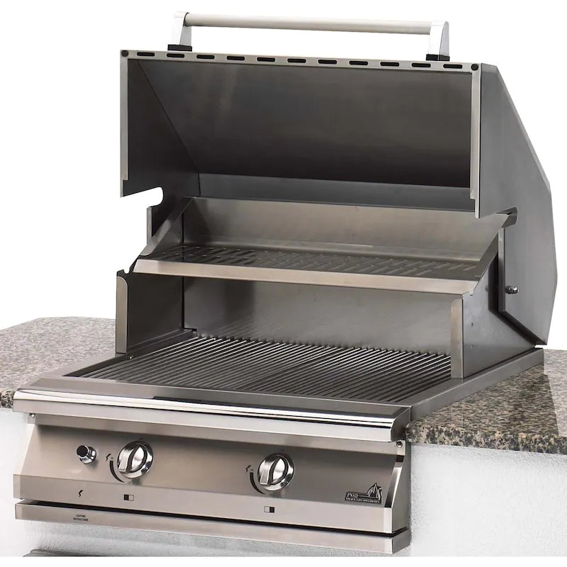 This PGS Legacy Newport 30-Inch Gas Grill boasts a 304 grade stainless steel exterior and two 25,000 BTU heavy duty stainless steel burners that push 50,000 BTUs of total cooking power on the grilling surface. The ceramic Moon Roks with stainless steel ro