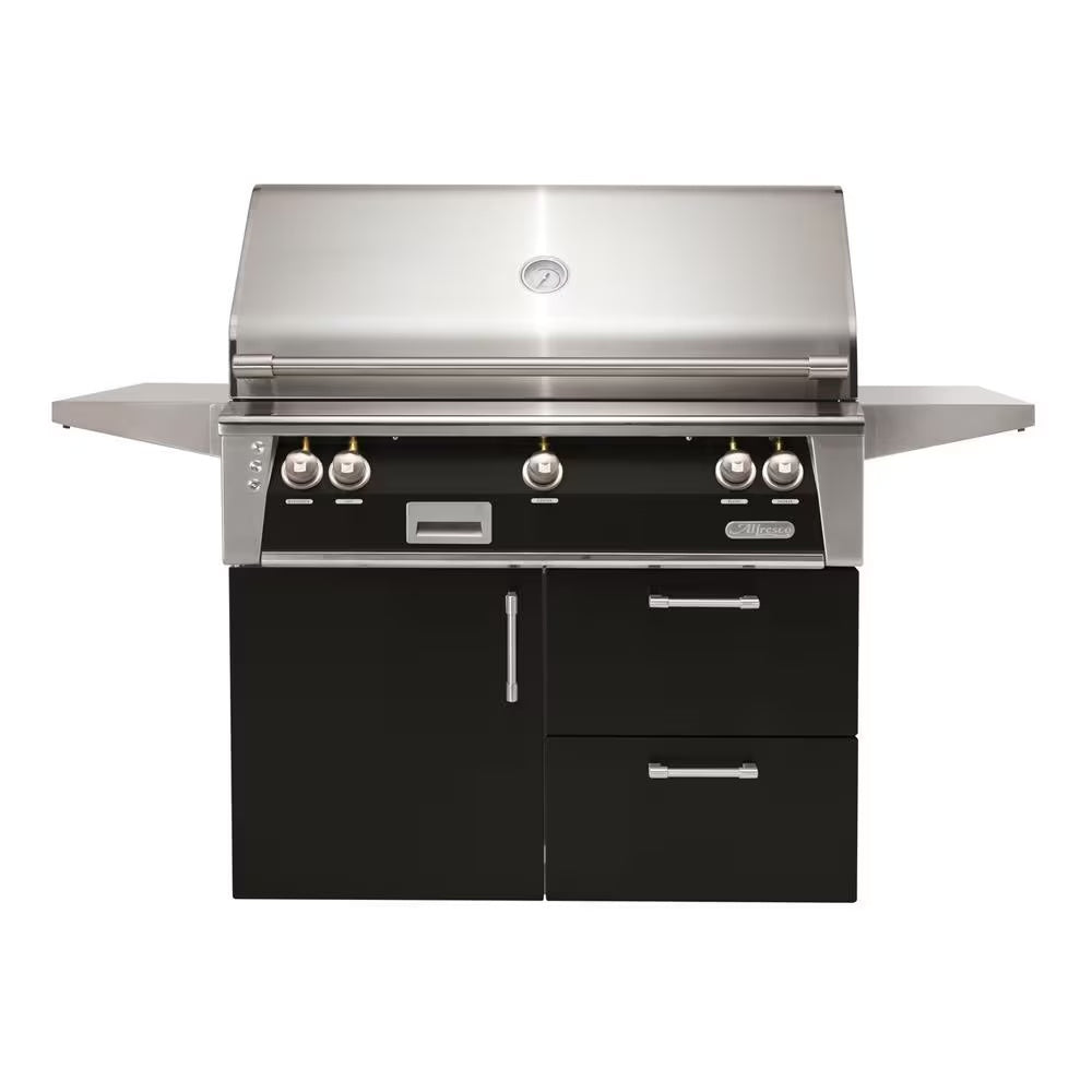 Alfresco ALXE 42-Inch Freestanding Natural Gas Grill on Deluxe Cart with Rotisserie in Jet Black Gloss (Model # ALXE-42CD-NG-S9005)