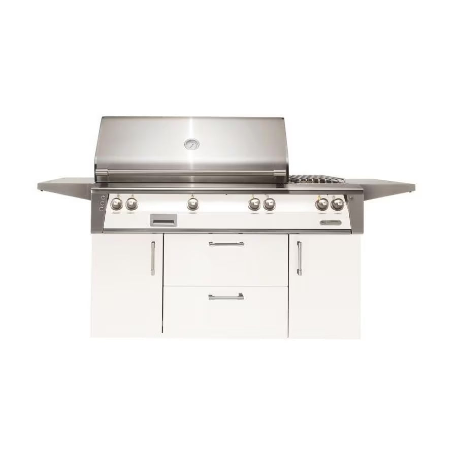 Alfresco ALXE 56-Inch Freestanding Natural Gas Deluxe Grill with Sear Zone, Rotisserie, and Side Burner in Signal White Matte (Model # ALXE-56SZC-NG-SM9003)