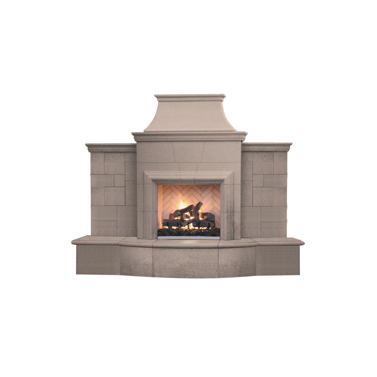 American Fyre Designs FIRE PIT, LOUVRE LONG RECT 67 Inch Vented Free-Standing Outdoor Grand Mariposa Fireplace with Extended Bullnose Hearth, No Recess, Sedona, Key Value on the LEFT/Gas | 868-05-H-CB-LBC