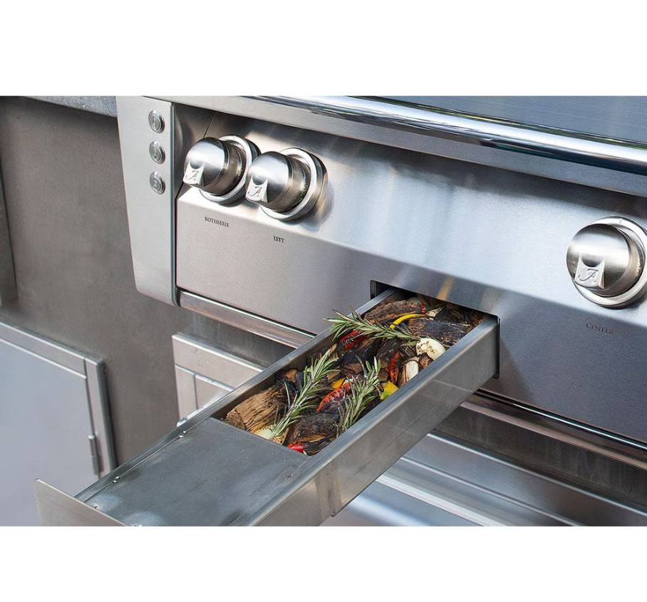 Alfresco ALXE 56-Inch Built-In Natural Gas Deluxe Grill With Sear Zone, Rotisserie, And Side Burner - ALXE-56SZ-NG smoker box