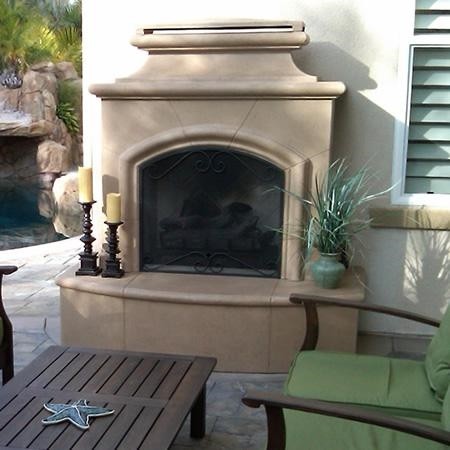 American Fyre Designs 173-01-A-CB-LBC 67 Inch Vent-Free Free-Standing Outdoor Mariposa Fireplace, 16 Inch Radiused Bullnose, Hearth and Body, Cafe Blanco, Key Value on the LEFT/Gas