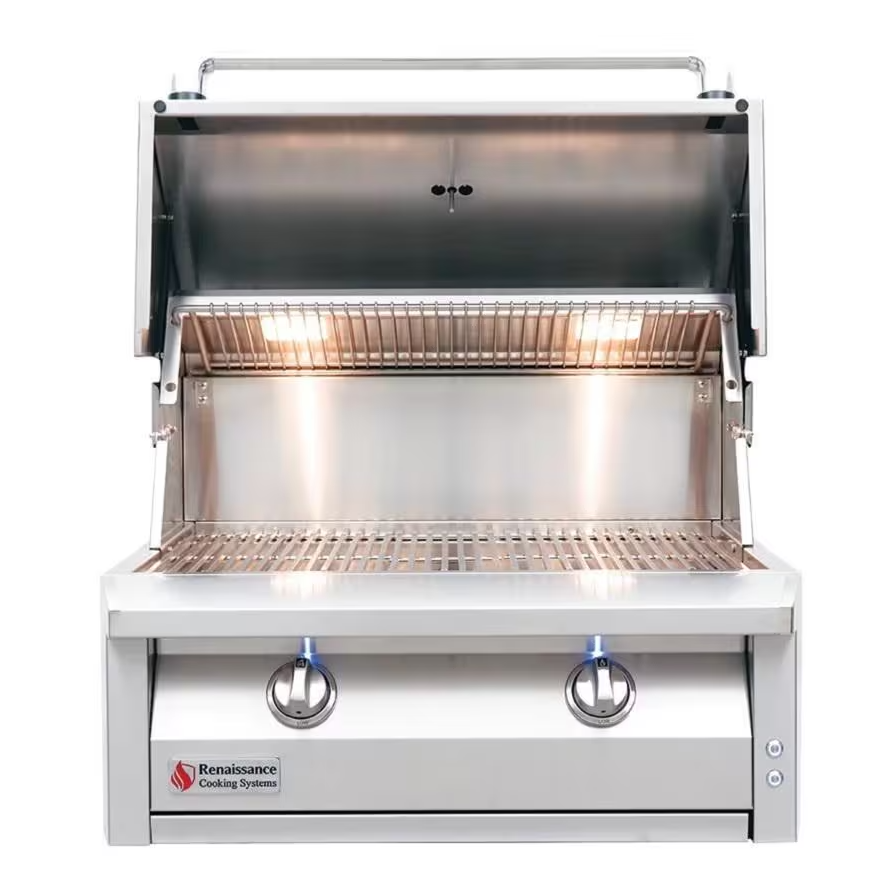 American Renaissance Grill by RCS 30-Inch 2-Burner Freestanding Propane Gas Grill - ARG30 LP open with lights