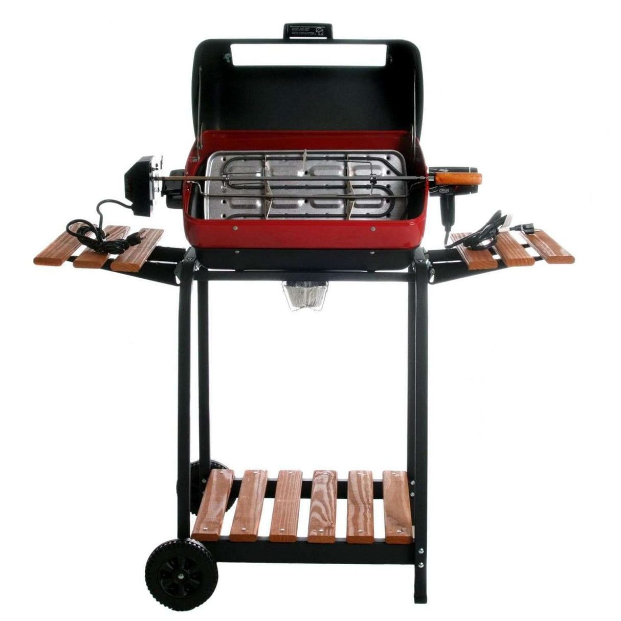 Americana by Meco 1500 Watt Electric Grill With Rotisserie, Easy View Window And Fold Down Side Tables - 9329U8.181 open grill