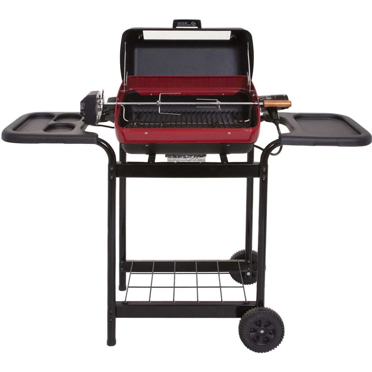 Americana by Meco 1500 Watt Electric Grill With Rotisserie, Easy View Window And Plastic Side Trays - 9359U8.181 open grill