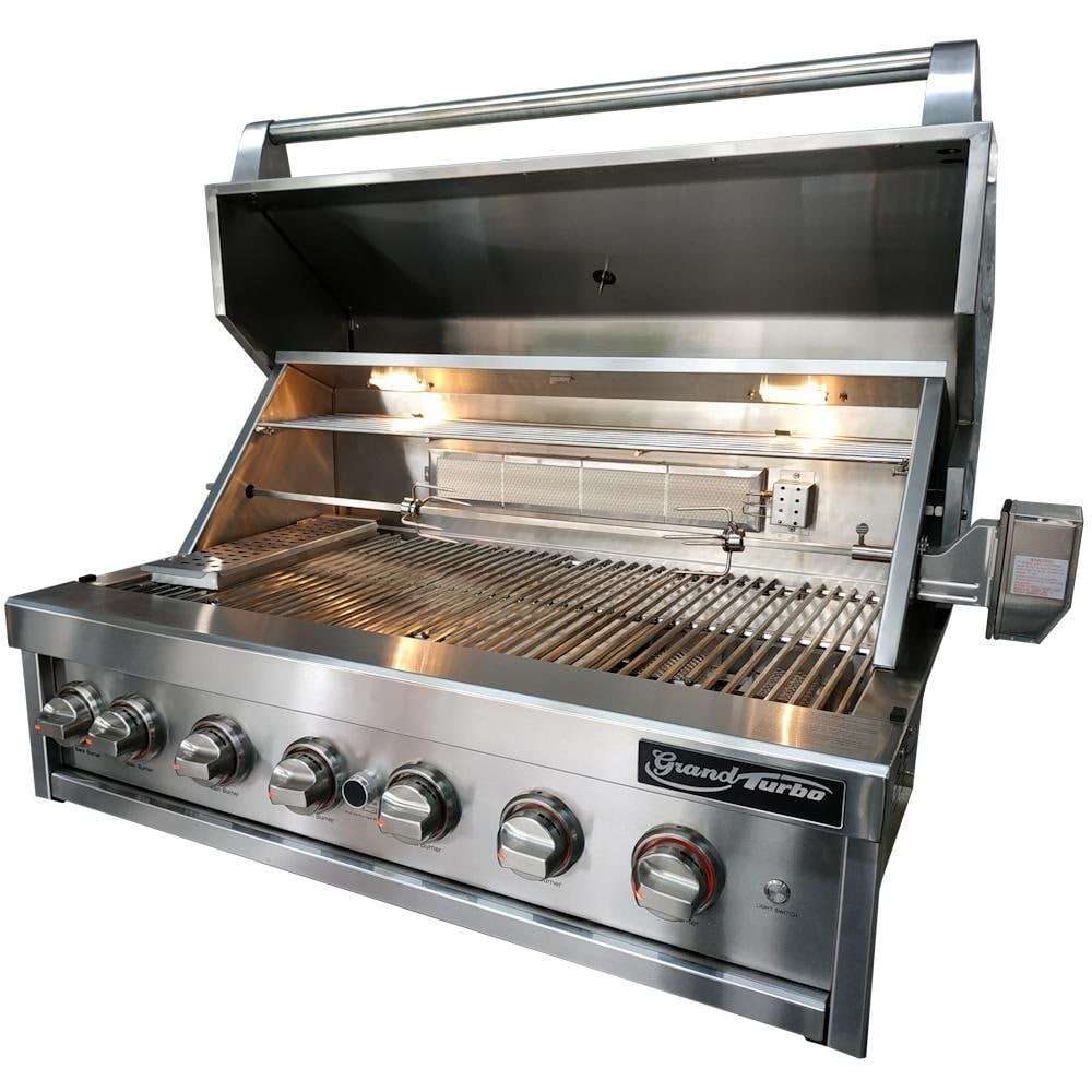 Grand Turbo 40-Inch 6-Burner Built-In Propane Gas Grill With Two Infrared Sear Burners & Rotisserie - B4019BLP open 1