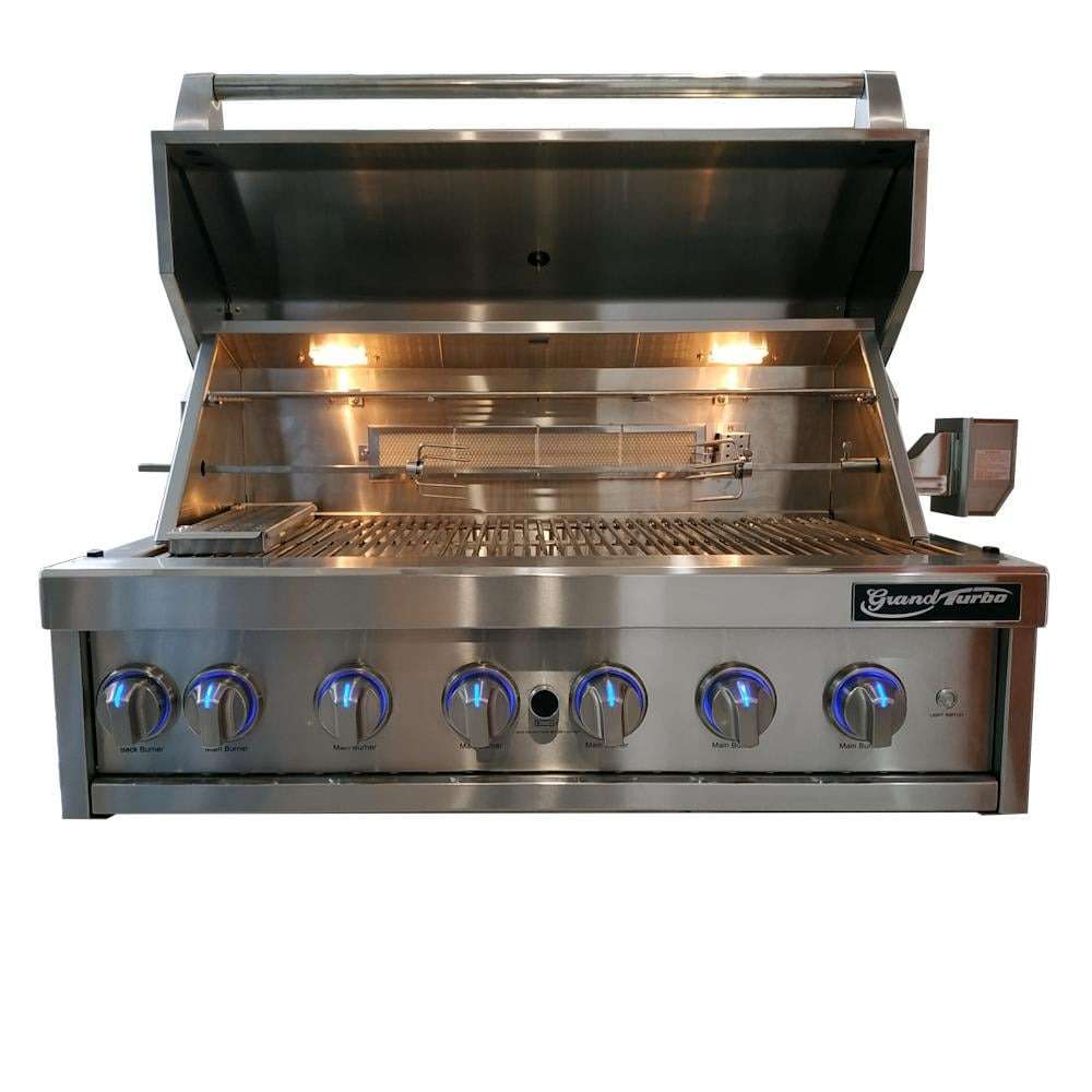 Grand Turbo 40-Inch 6-Burner Built-In Propane Gas Grill With Two Infrared Sear Burners & Rotisserie - B4019BLP open