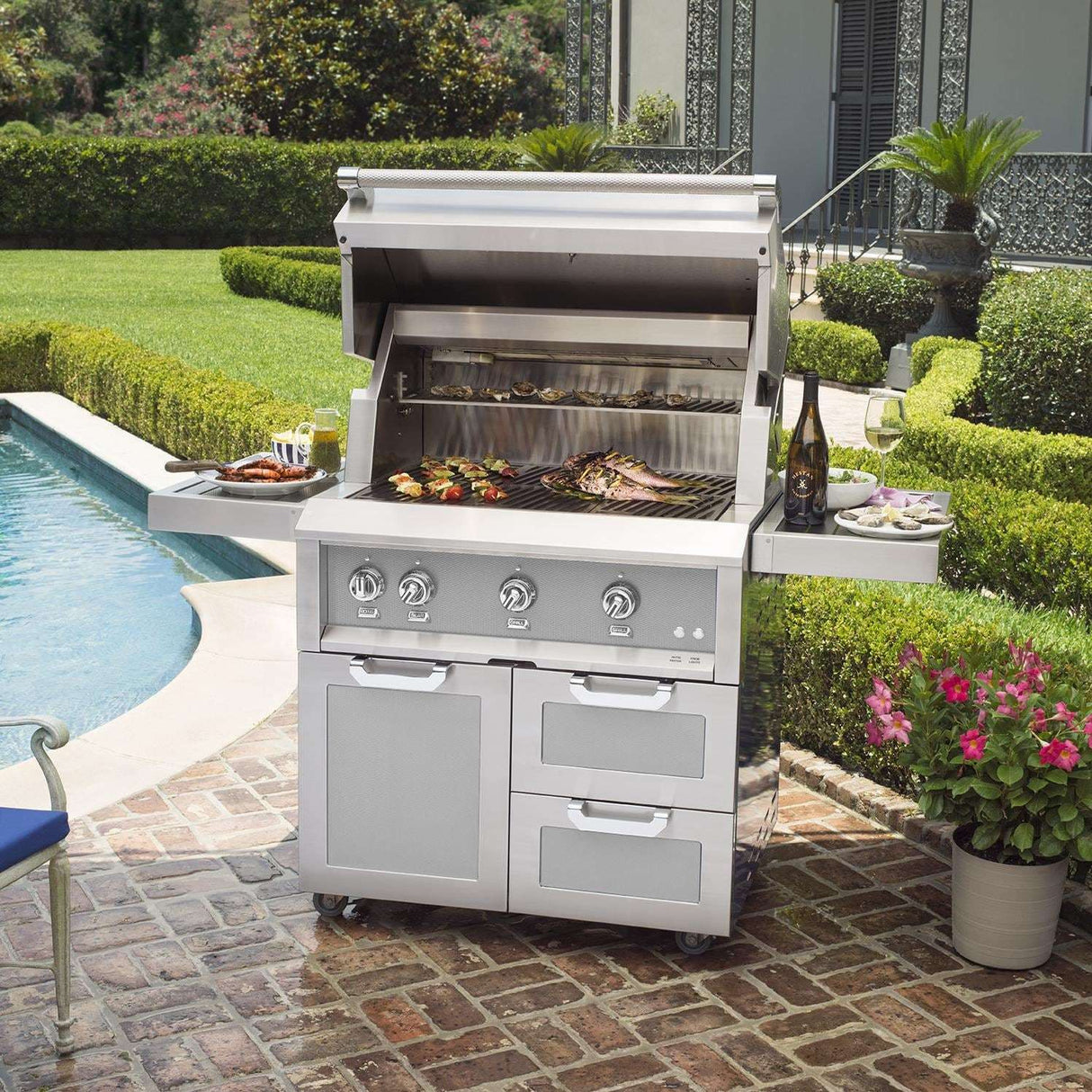 Hestan 36-Inch Propane Gas Grill W Rotisserie On Double Drawer & Door Tower Cart - Steeletto - GABR36-LP-SS open grill