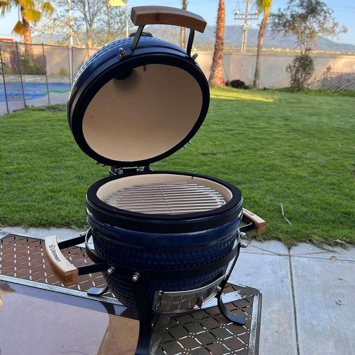 Lifesmart Pack-N-Go 10-Inch Portable Ceramic Kamado Grill - Blue - SCS-PK13BLU open grill