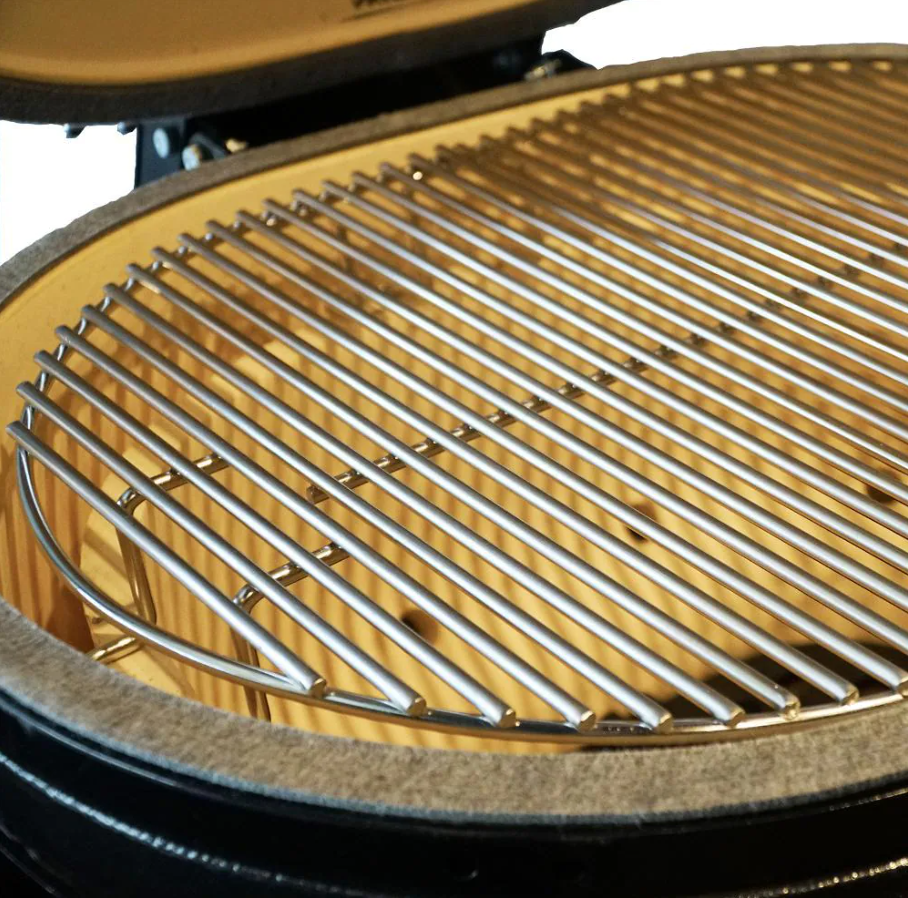 Primo Oval XL 400 Ceramic Kamado Grill On Steel Cart With 2-Piece Island Side Shelves And Stainless Steel Grates - PGCXLH (2021)
