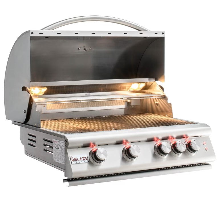 Pro-Fit 8-Foot Outdoor Kitchen Island W Blaze Premium LTE 32-Inch Propane Gas Grill Double Side Burner Refrigerator & Beverage Dispenser - Driftwood Grey Grigio Cemento Satin open BBQ