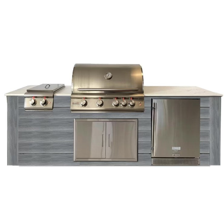 Pro-Fit 8-Foot Outdoor Kitchen Island W Blaze Premium LTE 32-Inch Propane Gas Grill Double Side Burner Refrigerator & Beverage Dispenser - Driftwood Grey Grigio Cemento Satin