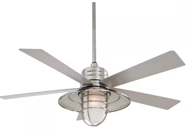 Minka-Aire Rainman 54-Inch 5-Blade LED Ceiling Fan in Brushed Nickel Wet Finish W/ Silver Blades, Integrated Light & Acid Etched Glass - F582L-BNW