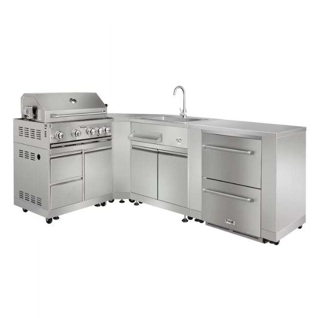 Thor Kitchen 6-Piece L Shaped Modular Outdoor Kitchen Island Suite w 4-Burner Propane Gas Grill