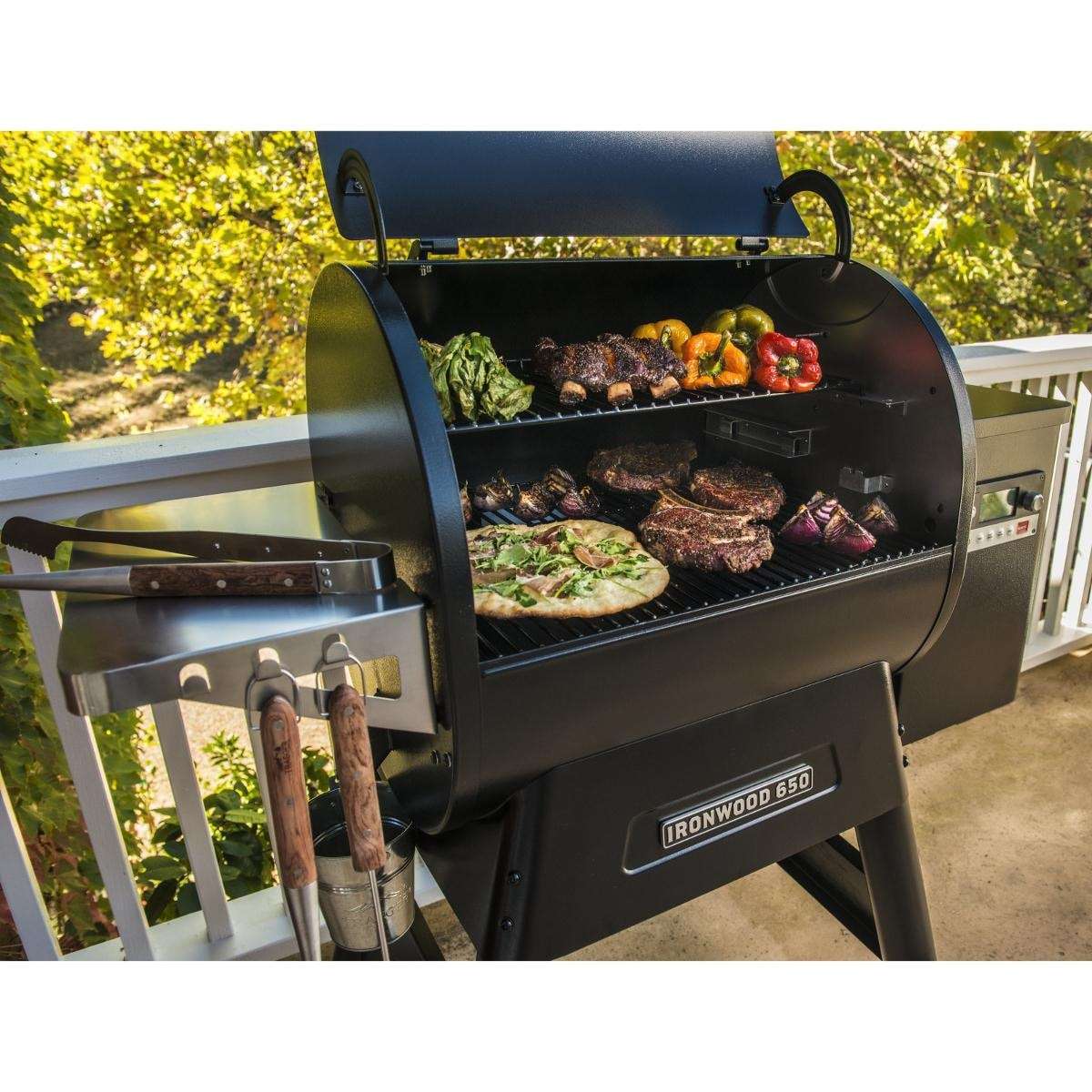 Traeger Ironwood 650 Wi-Fi Controlled Wood Pellet Grill W WiFIRE, Pellet Sensor, Front Shelf & Grill Cover - TFB65BLF + BAC362 + BAC505 open grill