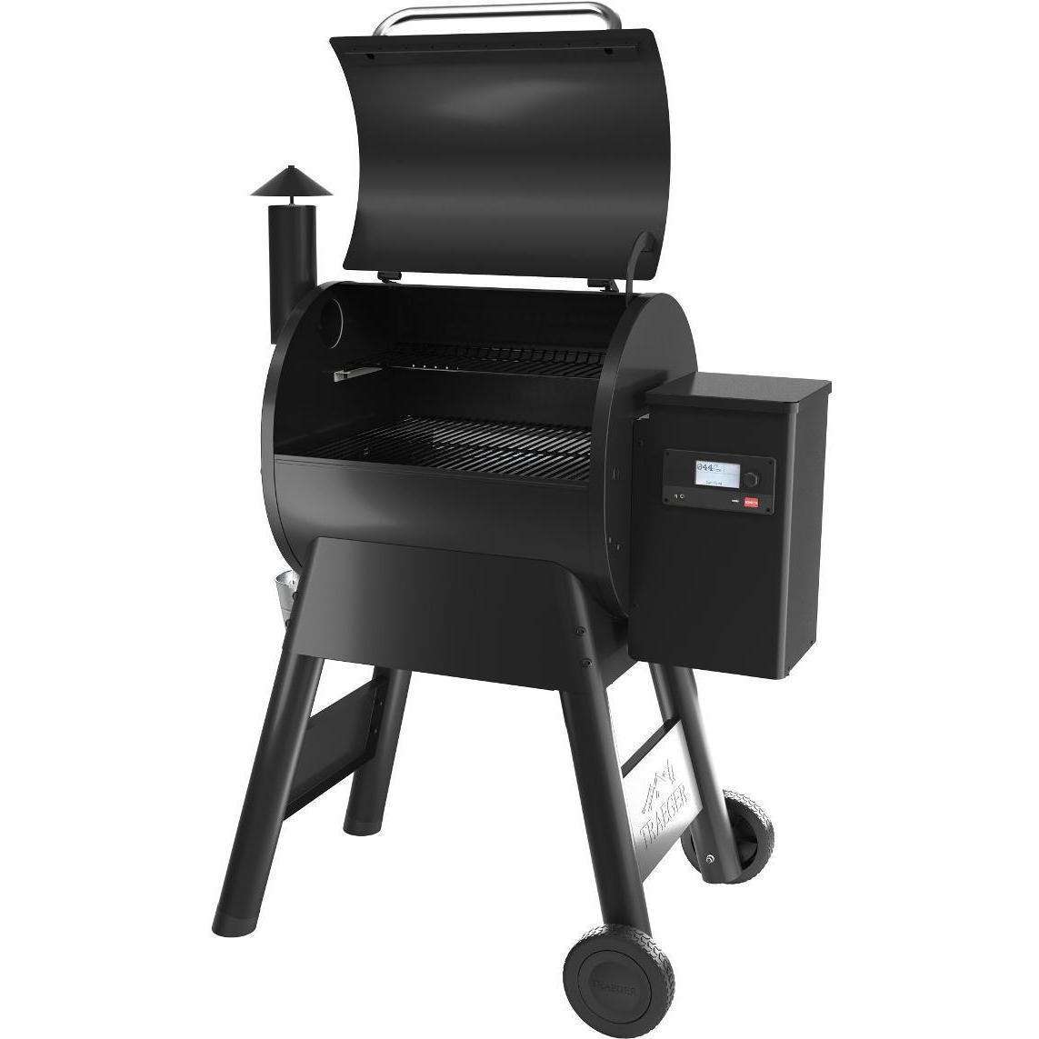 Traeger Pro 575 Wi-Fi Controlled Wood Pellet Grill W WiFIRE - Black W Front Shelf & Grill Cover - TFB57GLE + BAC362 + BAC503 open grill