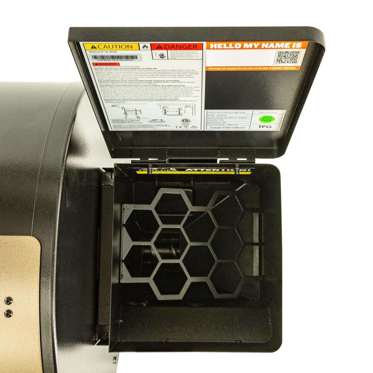 Traeger Pro 575 Wi-Fi Controlled Wood Pellet Grill W WiFIRE - Black W Front Shelf & Grill Cover - TFB57GLE + BAC362 + BAC503 open pellet