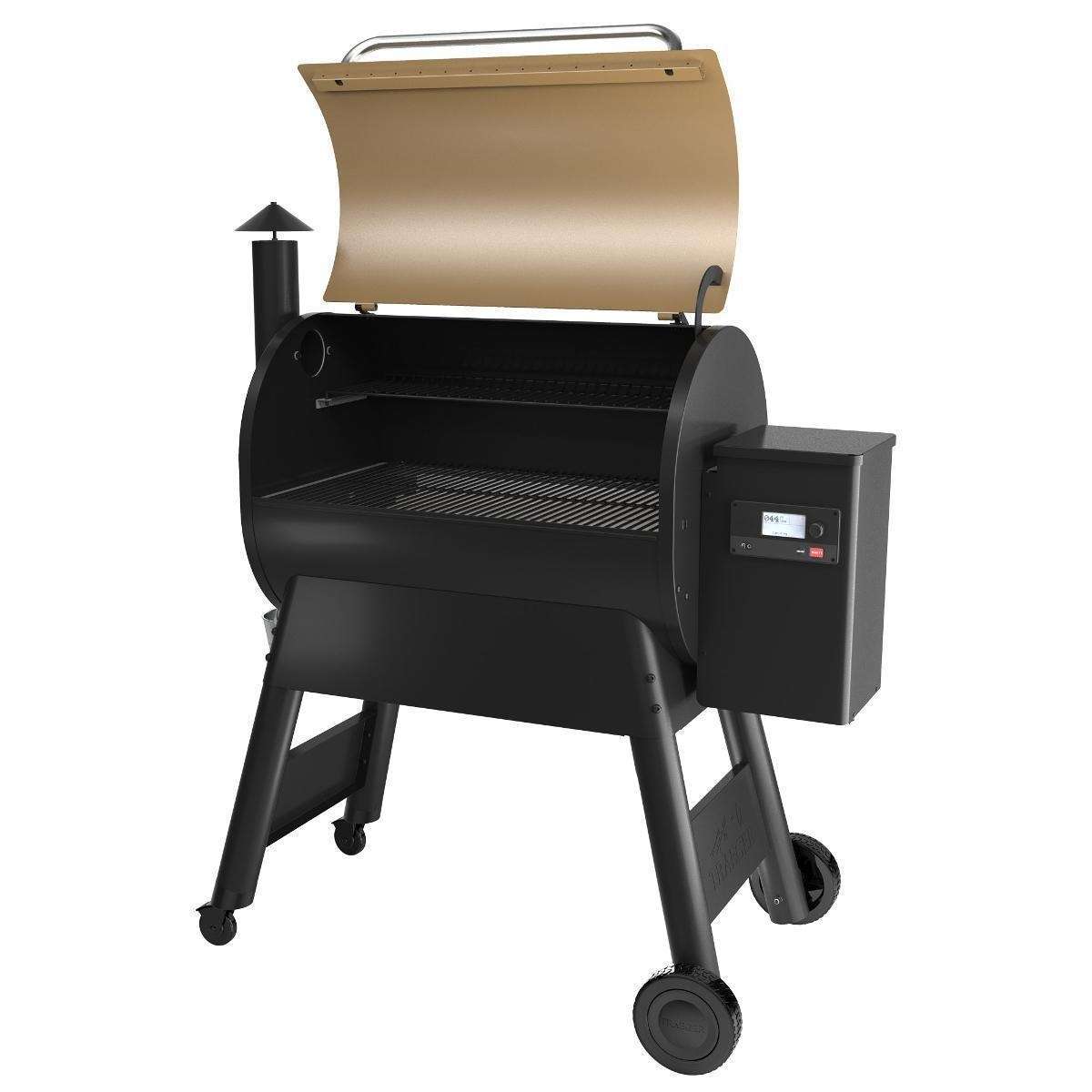 Traeger Pro 780 Wi-Fi Controlled Wood Pellet Grill W WiFIRE - Bronze W Front Shelf & Grill Cover - TFB78GZE + BAC442 + BAC504 grill open