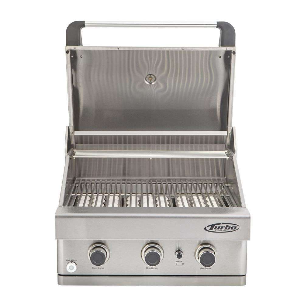 Turbo 26-Inch 3-Burner Built-In Propane Gas Grill - BTH2621BLP open