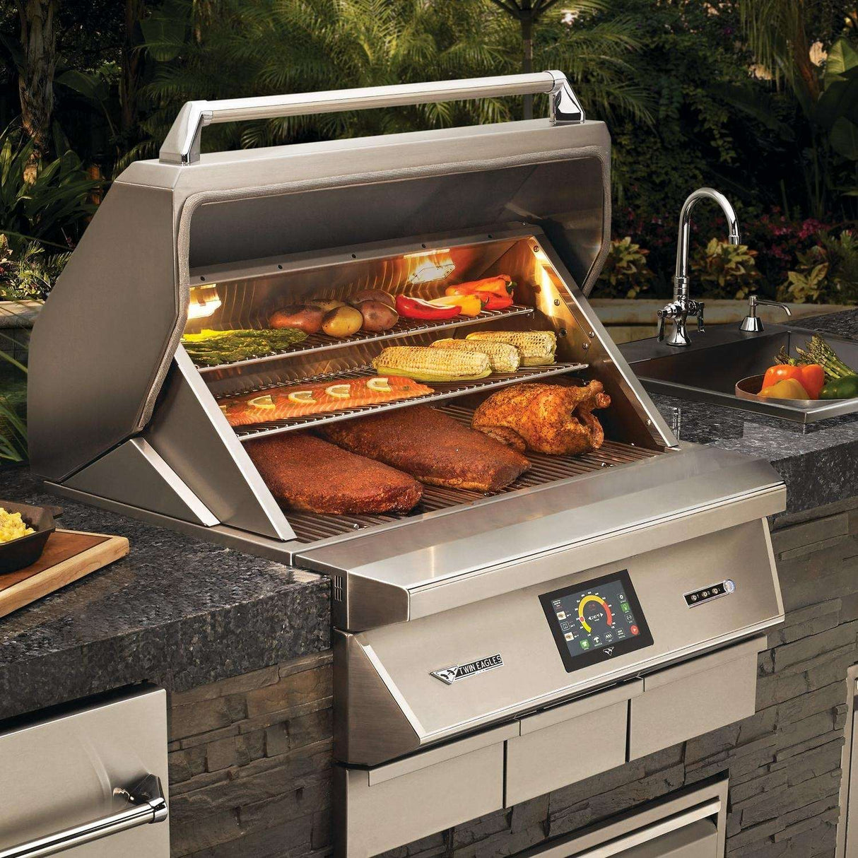 Twin Eagles Wi-Fi Controlled 36-Inch Built-In Stainless Steel Pellet Grill and Smoker with Rotisserie - TEPG36R open grill
