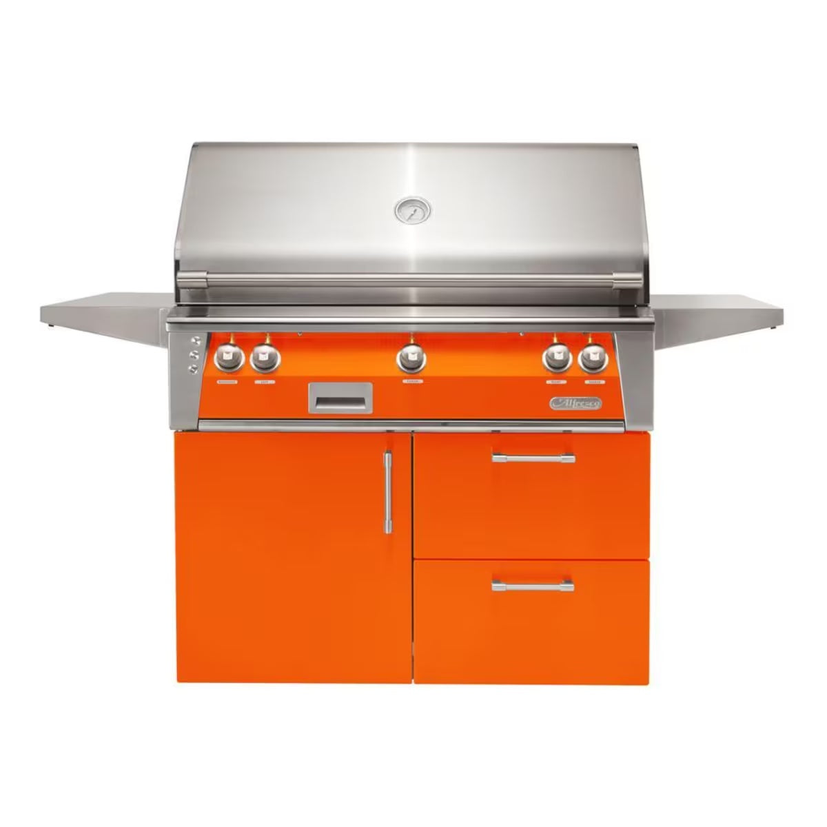 Alfresco ALXE 42-Inch Freestanding Natural Gas Grill on Deluxe Cart with Sear Zone and Rotisserie in Luminous Orange (Model # ALXE-42SZCD-NG-S2005)
