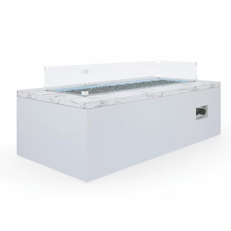 Sunset West White Carrara Marble 60 X 30 Inch Rectangular Aluminum Propane Gas Fire Table W/ Carrara Marble Top & Glass Surround (1)