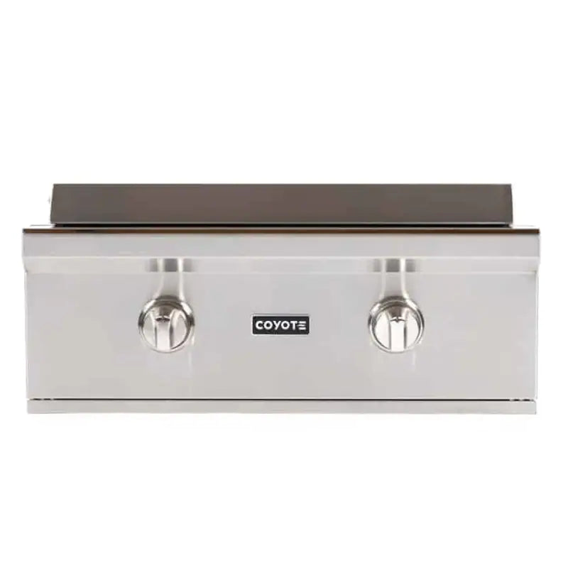 Merging durable construction, design and value, the Coyote flat top gas grill will make a statement in any outdoor kitchen. This 30-Inch built-in flat top gas grill features two u-shaped stainless steel burners rated for up to 36,000 BTUs. A heavy gauge s