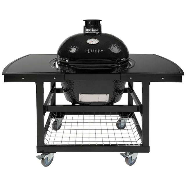 Primo Oval Large 300 Ceramic Kamado Grill On Steel Cart With 2-Piece Island Side Shelves And Stainless Steel Grates - PGCLGH (2021)