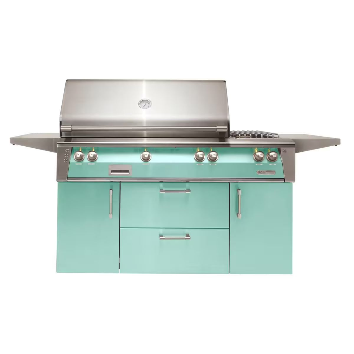 Alfresco ALXE 56-Inch Freestanding Natural Gas Deluxe Grill with Sear Zone, Rotisserie, and Side Burner in Light Green - ALXE-56SZC-LP-S6027