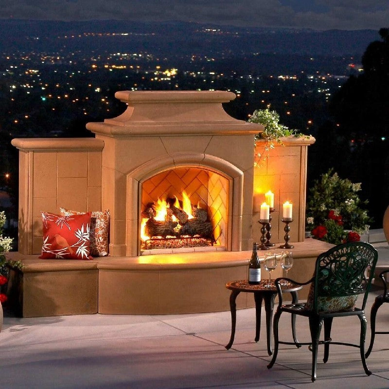 American Fyre Designs 868-05-N-CB-LUC 67 Inch Vented Free-Standing Outdoor Grand Mariposa Fireplace with Extended Bullnose Hearth, No Recess, Cafe Blanco, Key Value on the LEFT/Gas  - source: https://www.kbauthority.com/american-fyre-designs-868-05-n-cb-l