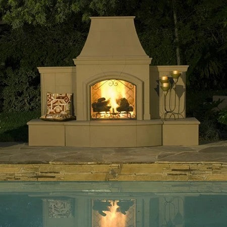 American Fyre Designs 818-05-N-WA-LBC 87 Inch Vented Free-Standing Outdoor Grand Phoenix Fireplace with Extended Bullnose Hearth, No Recess, White Aspen, Key Value on the LEFT/Gas  - source: https://www.kbauthority.com/american-fyre-designs-818-05-n-wa-lb