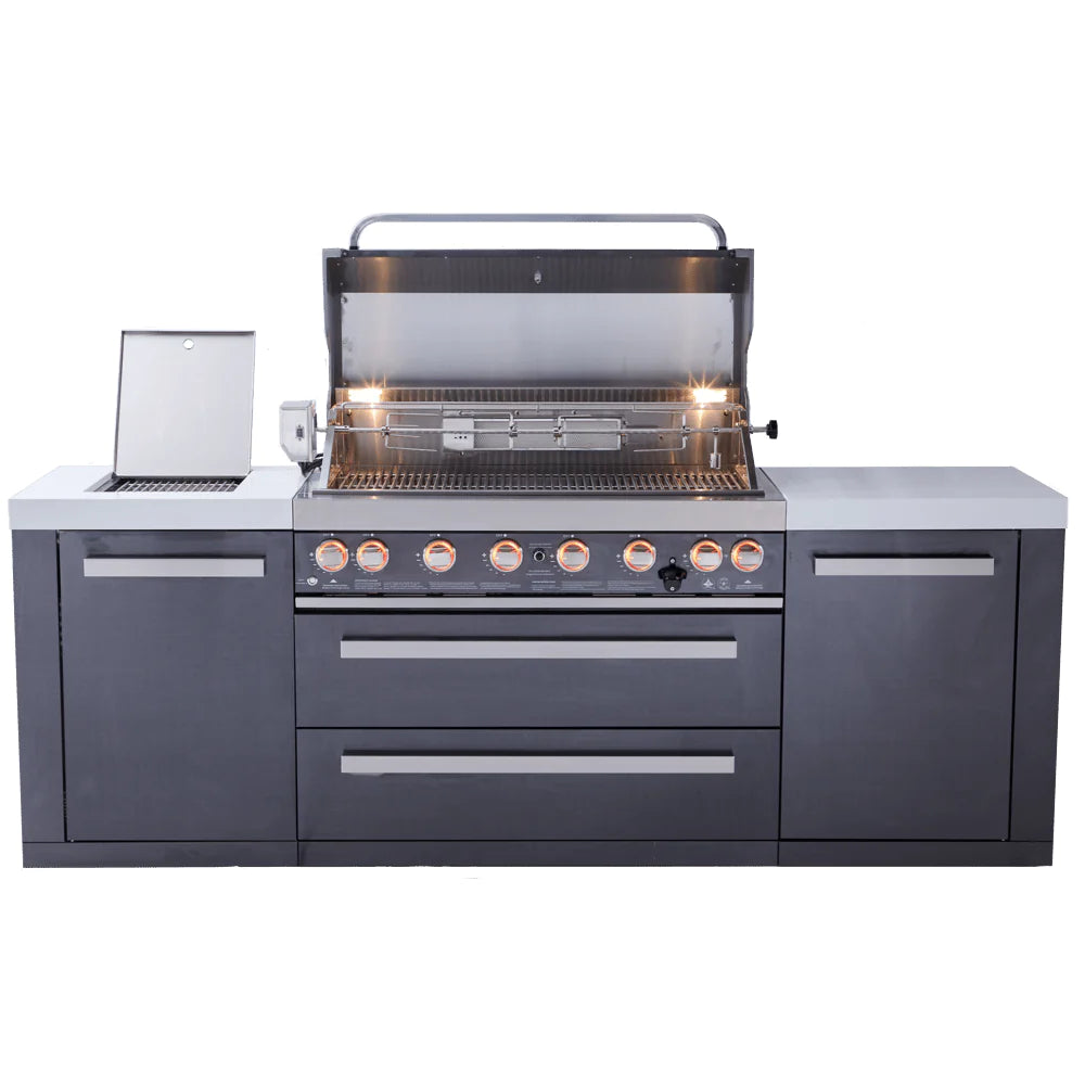 Mont Alpi 805 Deluxe Propane Gas Island Grill W/ Infrared Side Burner & Rotisserie Kit - Black Stainless Steel - MAi805-BSS