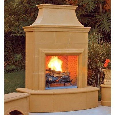 American Fyre Designs 025-01-N-CB-LUC 84 Inch Vented Free-Standing Outdoor Petite Cordova Fireplace, 16 Inch Radiused Bullnose, No Recess, Cafe Blanco, Key Value on the LEFT/Gas  - source: https://www.kbauthority.com/american-fyre-designs-025-01-n-cb-luc-