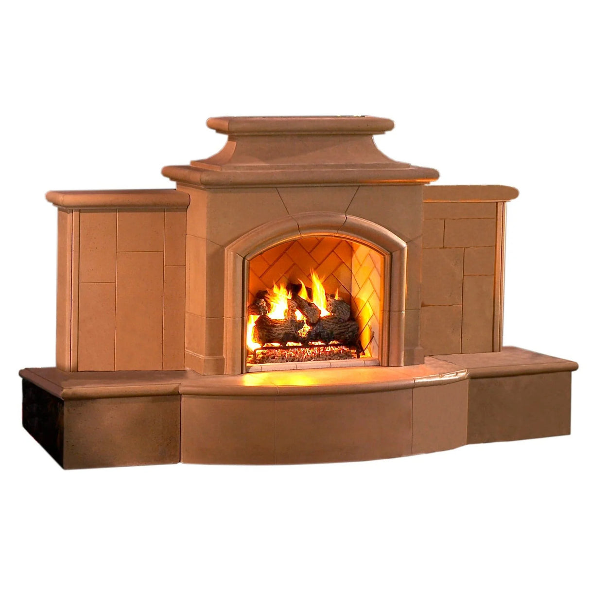 American Fyre Designs FIRE PIT, LOUVRE LONG RECT A/W 67 Inch Vented Free-Standing Outdoor Grand Mariposa Fireplace with Extended Bullnose Hearth, No Recess, Sedona, Key Value on the LEFT/Gas | 868-05-H-CB-RUC