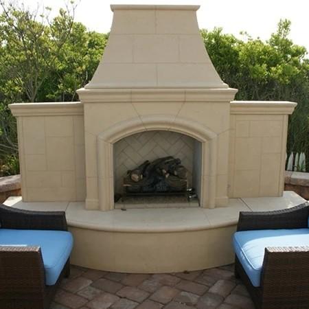 American Fyre Designs 818-05-N-CB-RBC 87 Inch Vent-Free Free-Standing Outdoor Grand Phoenix Fireplace with Extended Bullnose Hearth, No Recess, Cafe Blanco, Key Value on the RIGHT/Gas