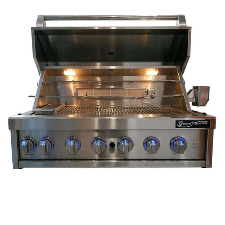 Grand Turbo 40-Inch 6-Burner Built-In Propane Gas Grill With Two Infrared Sear Burners &amp; Rotisserie - B4019BLP open