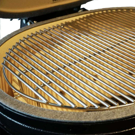 Primo Oval Large 300 Ceramic Kamado Grill On Steel Cart With 2-Piece Island Side Shelves And Stainless Steel Grates - PGCLGH open grill