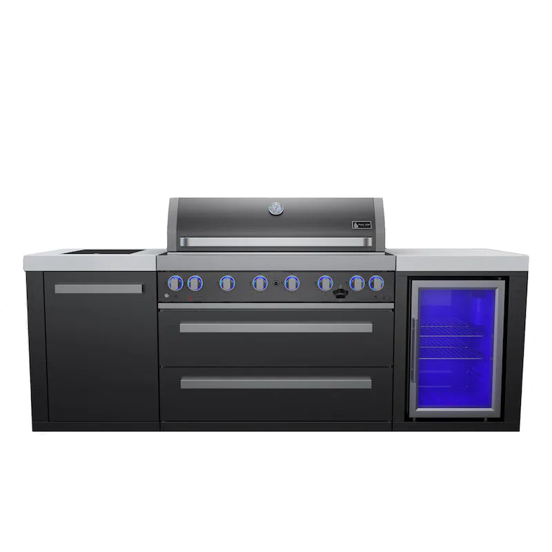 Mont Alpi 805 Deluxe Propane Gas Island Grill W/ Refrigerator, Infrared Side Burner, & Rotisserie Kit - Black Stainless Steel - MAi805-BSSFC