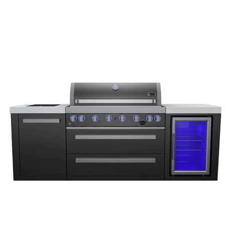 Mont Alpi 805 Deluxe Propane Gas Island Grill W/ Refrigerator, Infrared Side Burner, & Rotisserie Kit - Black Stainless Steel - MAi805-BSSFC