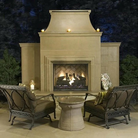Cast construction Free standing installation Includes rectangle extended bullnose hearth