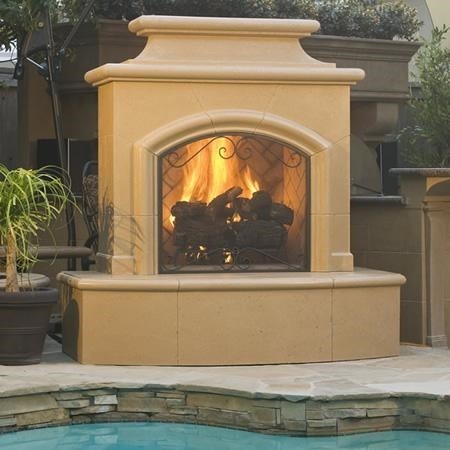 American Fyre Designs 073-05-H-SM-LBC 67 Inch Vented Free-Standing Outdoor Mariposa Fireplace, 113 Inch Extended Bullnose, Hearth Only, Smoke, Key Value on the LEFT/Gas